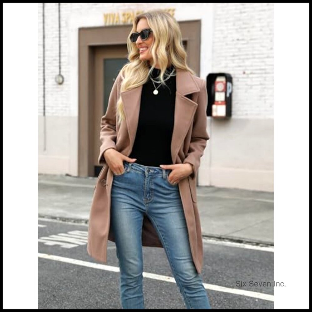 Winter Wool Blend Pea Coat Double-Breasted Notch Lapel Long Sleeve - Picture 4 of 7